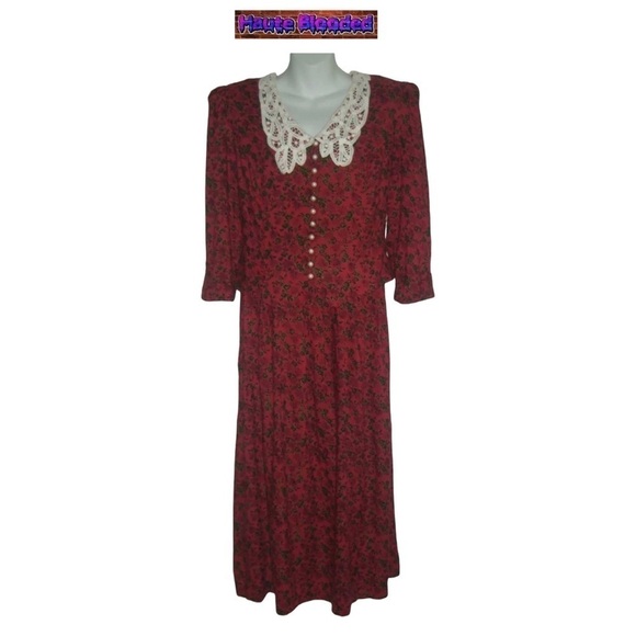 Vintage 80's Miss Dorby Red Flower Pearl Lace Prairie Dress Cottagecore Cottage - Picture 14 of 15